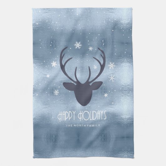 Deer Antlers Silhouette & Snowflakes Blue ID861 Theedoek (Verticaal)