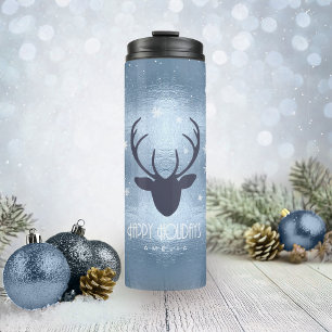 Deer Antlers Silhouette & Snowflakes Blue ID861 Thermosbeker