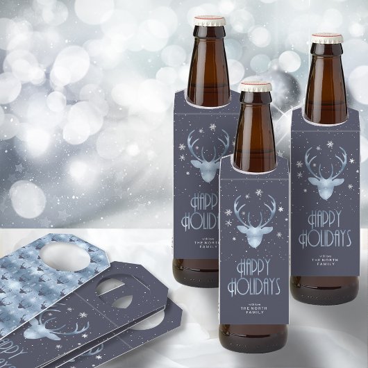 Deer Antlers Silhouette & Snowflakes Blue ID863 Flessenhanger