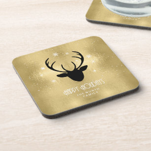Deer Antlers Silhouette & Snowflakes Gold ID861 Bier Onderzetter