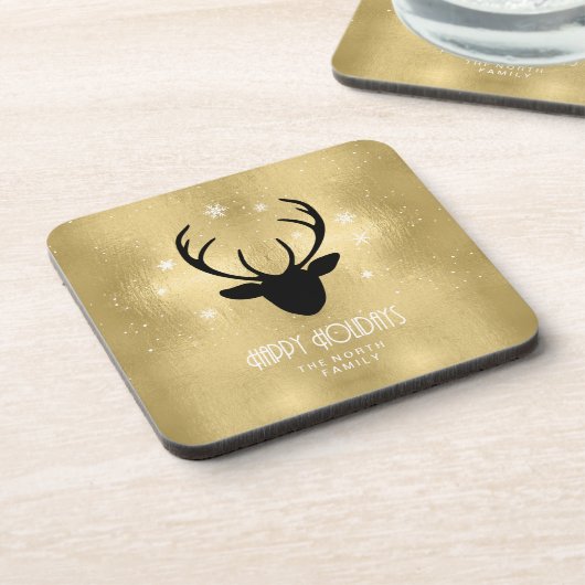 Deer Antlers Silhouette & Snowflakes Gold ID861 Bier Onderzetter (Linkerzijde)