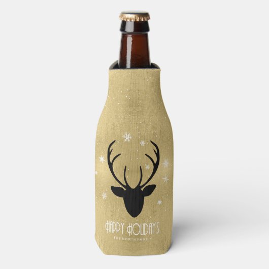 Deer Antlers Silhouette & Snowflakes Gold ID861 Flesjeskoeler (Fles Voorkant)