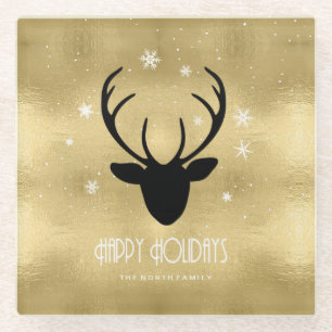 Deer Antlers Silhouette & Snowflakes Gold ID861 Glazen Onderzetter