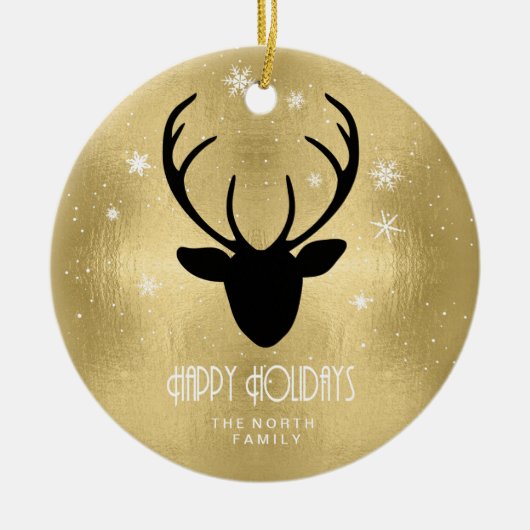 Deer Antlers Silhouette & Snowflakes Gold ID861 Keramisch Ornament (Voorkant)