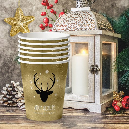 Deer Antlers Silhouette & Snowflakes Gold ID861 Papieren Bekers