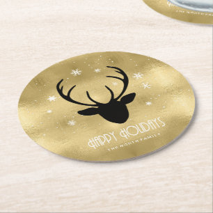 Deer Antlers Silhouette & Snowflakes Gold ID861 Ronde Kartonnen Onderzetter