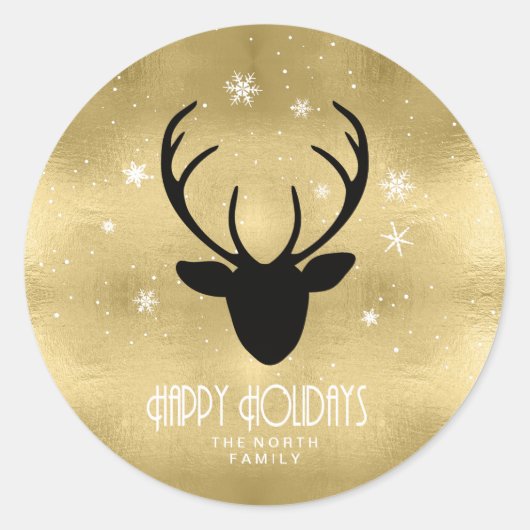 Deer Antlers Silhouette & Snowflakes Gold ID861 Ronde Sticker (Voorkant)