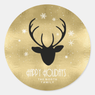 Deer Antlers Silhouette & Snowflakes Gold ID861 Ronde Sticker