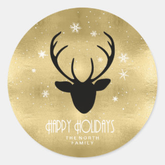 Deer Antlers Silhouette & Snowflakes Gold ID861 Ronde Sticker