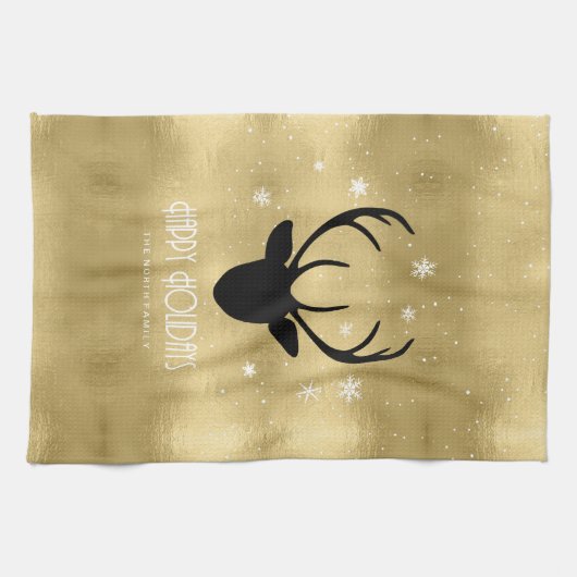 Deer Antlers Silhouette & Snowflakes Gold ID861 Theedoek (Horizontaal)