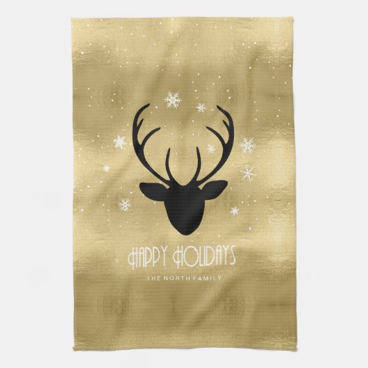 Deer Antlers Silhouette & Snowflakes Gold ID861 Theedoek (Verticaal)