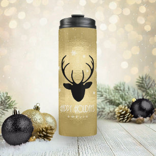 Deer Antlers Silhouette & Snowflakes Gold ID861 Thermosbeker