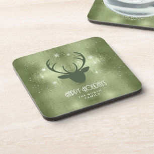 Deer Antlers Silhouette & Snowflakes Green ID861 Bier Onderzetter