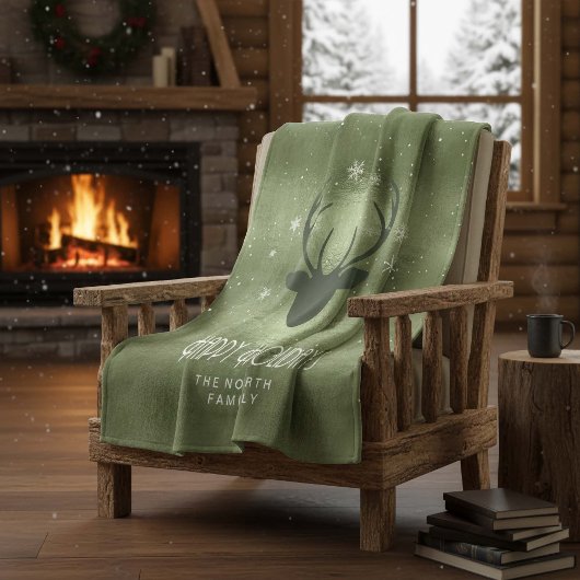 Deer Antlers Silhouette & Snowflakes Green ID861 Fleece Deken