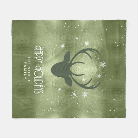 Deer Antlers Silhouette & Snowflakes Green ID861 Fleece Deken (Voorkant (Horizontaal))