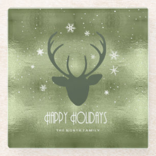 Deer Antlers Silhouette & Snowflakes Green ID861 Glazen Onderzetter