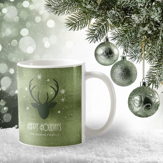Deer Antlers Silhouette & Snowflakes Green ID861 Koffiemok