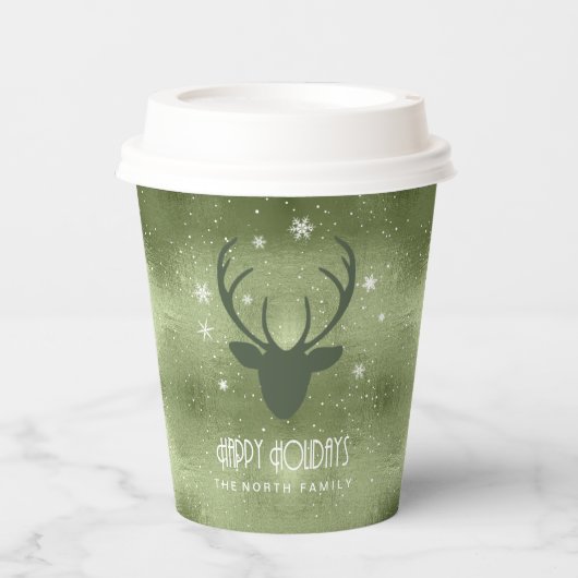 Deer Antlers Silhouette & Snowflakes Green ID861 Papieren Bekers (Voorkant)