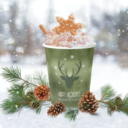 Deer Antlers Silhouette & Snowflakes Green ID861 Papieren Bekers