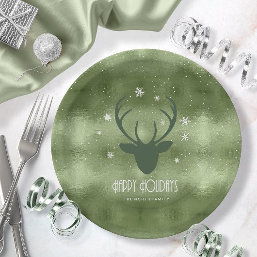 Deer Antlers Silhouette & Snowflakes Green ID861 Papieren Bordje