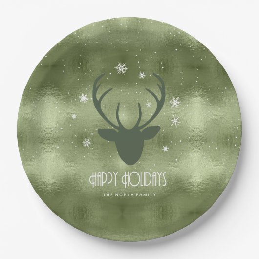 Deer Antlers Silhouette & Snowflakes Green ID861 Papieren Bordje (Voorkant)