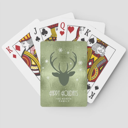 Deer Antlers Silhouette & Snowflakes Green ID861 Pokerkaarten (Achterkant)