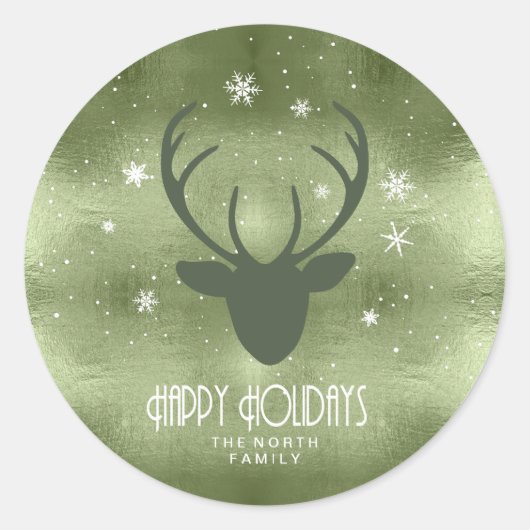 Deer Antlers Silhouette & Snowflakes Green ID861 Ronde Sticker (Voorkant)