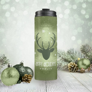 Deer Antlers Silhouette & Snowflakes Green ID861 Thermosbeker
