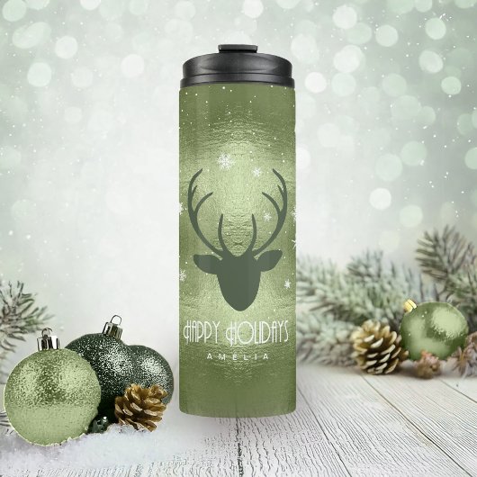 Deer Antlers Silhouette & Snowflakes Green ID861 Thermosbeker