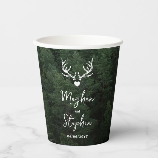 Deer Antlers Woodland Pine Tree Forest Wedding Papieren Bekers (Voorkant)