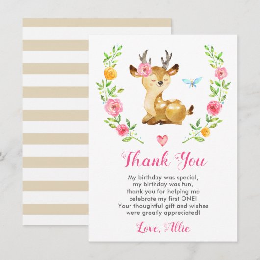 Deer Baby Girl First Birthday Party Doe Floral Bedankkaart (Voorkant / Achterkant)