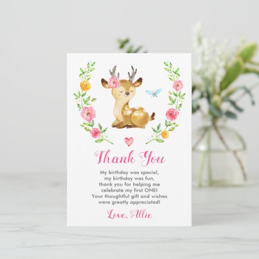 Deer Baby Girl First Birthday Party Doe Floral Bedankkaart (Staand voorkant)