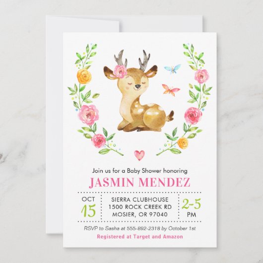 Deer Baby Meisje Douche Roze Sprinkle Schattigee B Kaart (Voorkant)