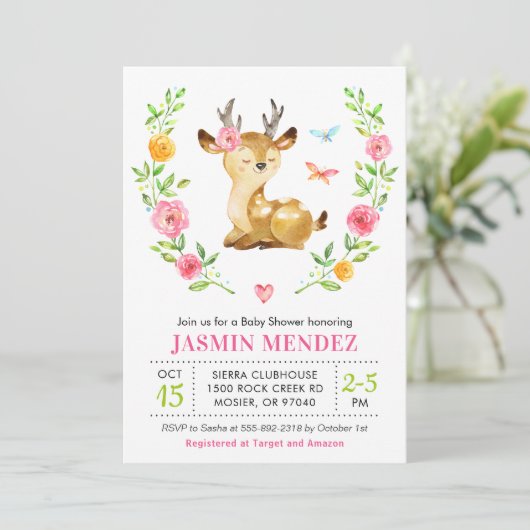 Deer Baby Meisje Douche Roze Sprinkle Schattigee B Kaart (Staand voorkant)