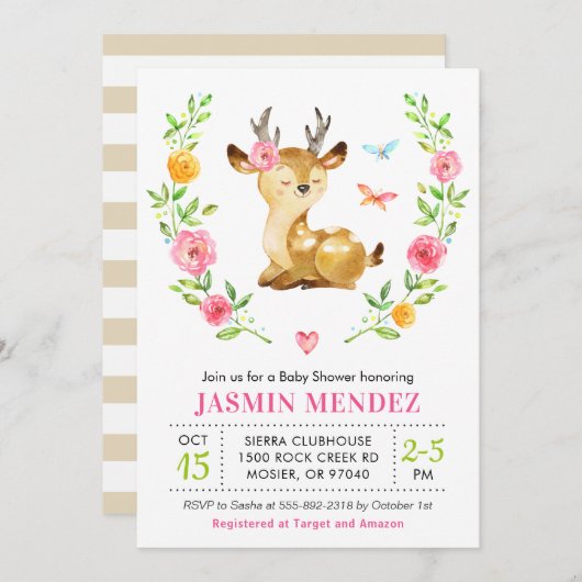 Deer Baby Meisje Douche Roze Sprinkle Schattigee B Kaart (Voorkant / Achterkant)