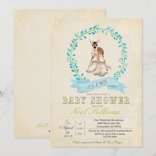 Deer Baby shower Boy Invitation Kaart (Voorkant / Achterkant)
