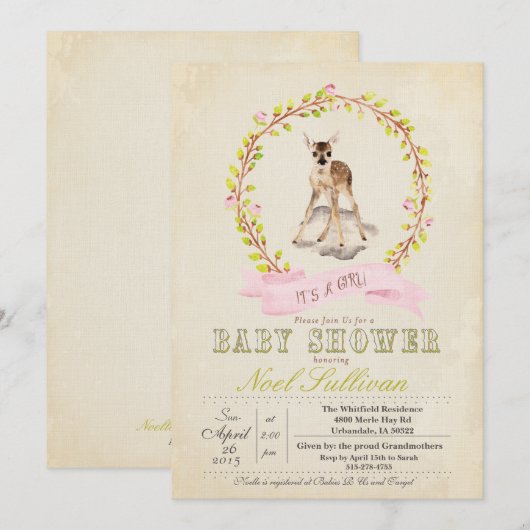 Deer Baby shower Girl Uitnodiging (Voorkant / Achterkant)