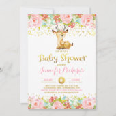 Deer Baby shower Invitation Floral Pink & Gold Kaart (Voorkant)