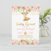Deer Baby shower Invitation Floral Pink & Gold Kaart (Staand voorkant)