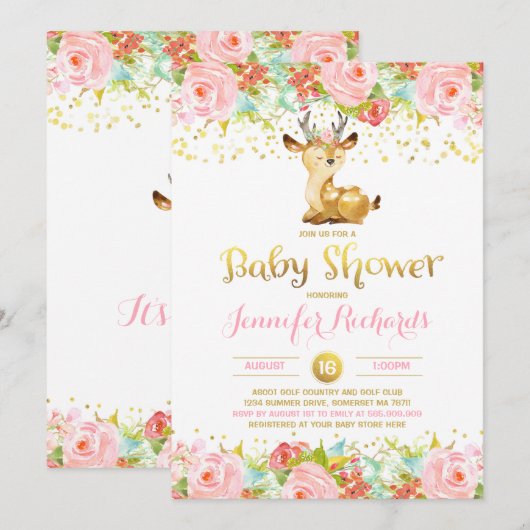 Deer Baby shower Invitation Floral Pink & Gold Kaart (Voorkant / Achterkant)