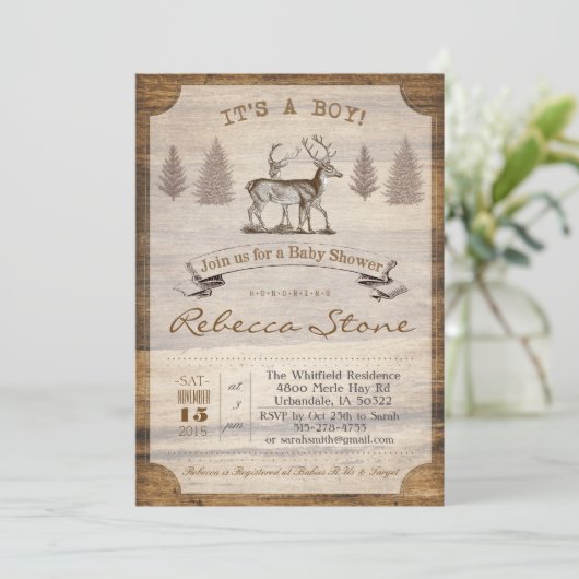 Deer Baby shower Wood Uitnodiging (Staand voorkant)