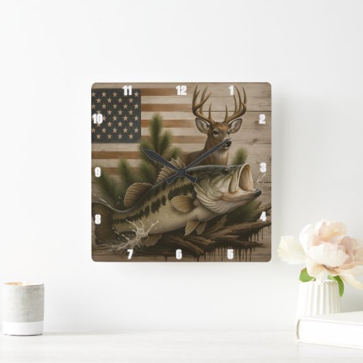 Deer Bass Amerikaanse vlag Vierkante Klok (Huis)