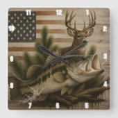 Deer Bass Amerikaanse vlag Vierkante Klok (Voorkant)