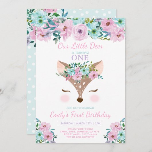 Deer Birthday Invitation Floral Woodland Deer Kaart (Voorkant / Achterkant)