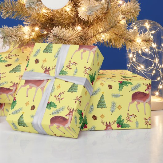 Deer blissful kerst yellow wrappaper cadeaupapier (Feestdagen)