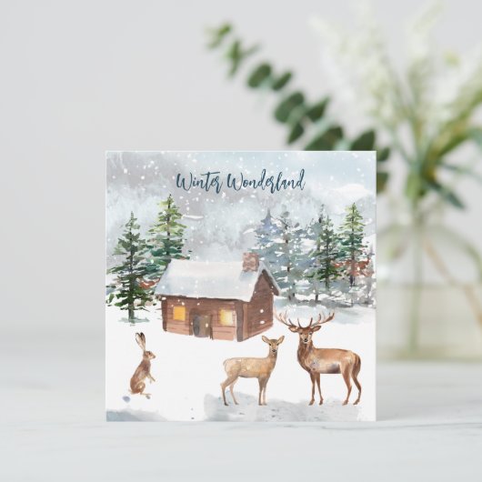 Deer, blokhut, hare kerstfeestkaart (Staand voorkant)