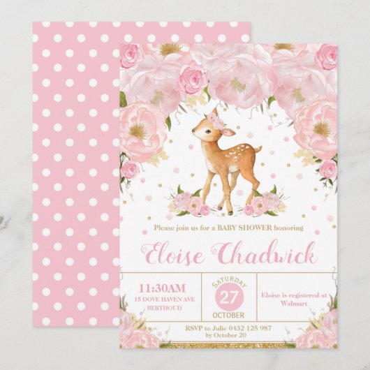 Deer Blush Floral Baby shower Invitation Girl Kaart (Voorkant / Achterkant)
