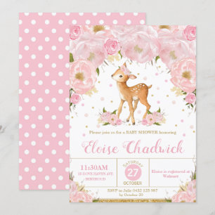 Deer Blush Floral Baby shower Invitation Girl Kaart
