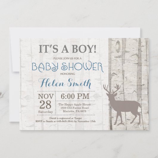 Deer Boy Baby shower Invitation Rustic Woodland Kaart (Voorkant)