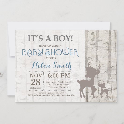 Deer Boy Baby shower Invitation Rustic Woodland Kaart (Voorkant)